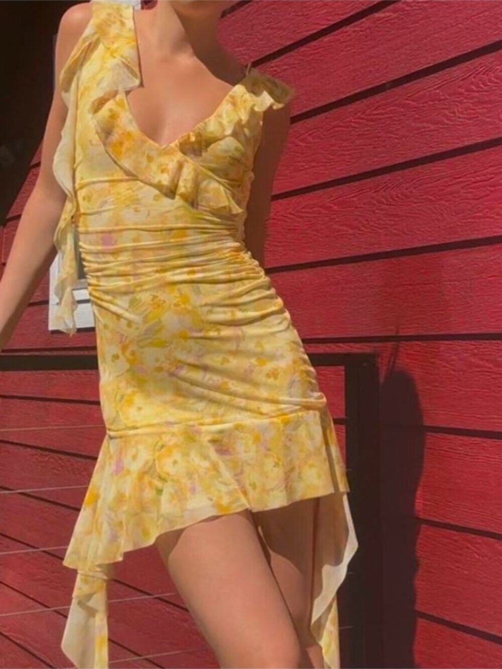 Zara Floral Mesh Mini Dress Ruffle Feminine Yellow Size Medium - Picture 4 of 9